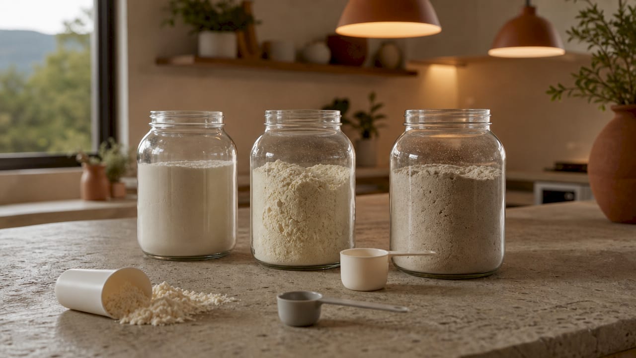 Three types of whey protein powders in jars