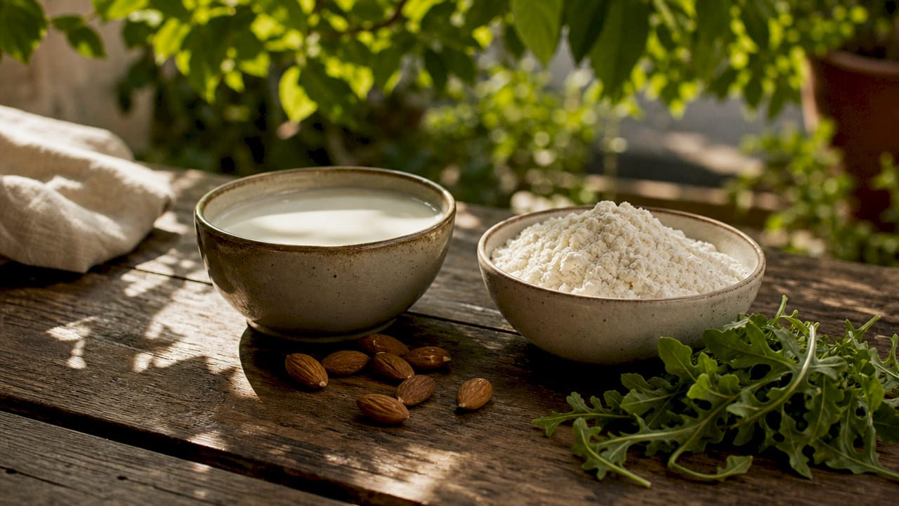 Whey milk and protein powder with nutritious foods
