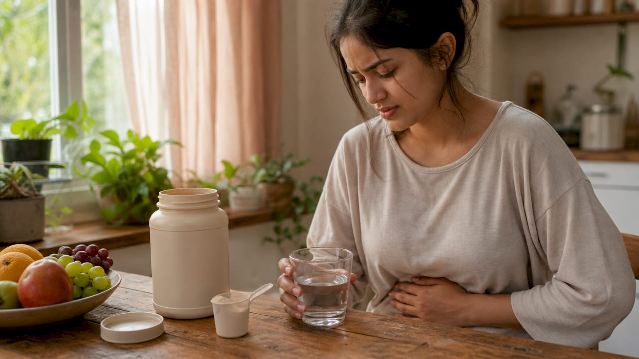 Woman experiencing digestive discomfort from whey protein