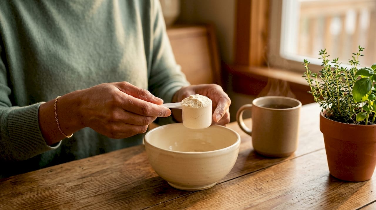 Hands measuring whey protein isolate powder