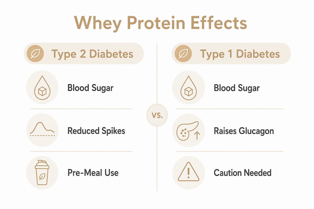 Infographic comparing whey protein effects in type 1 and type 2 diabetes