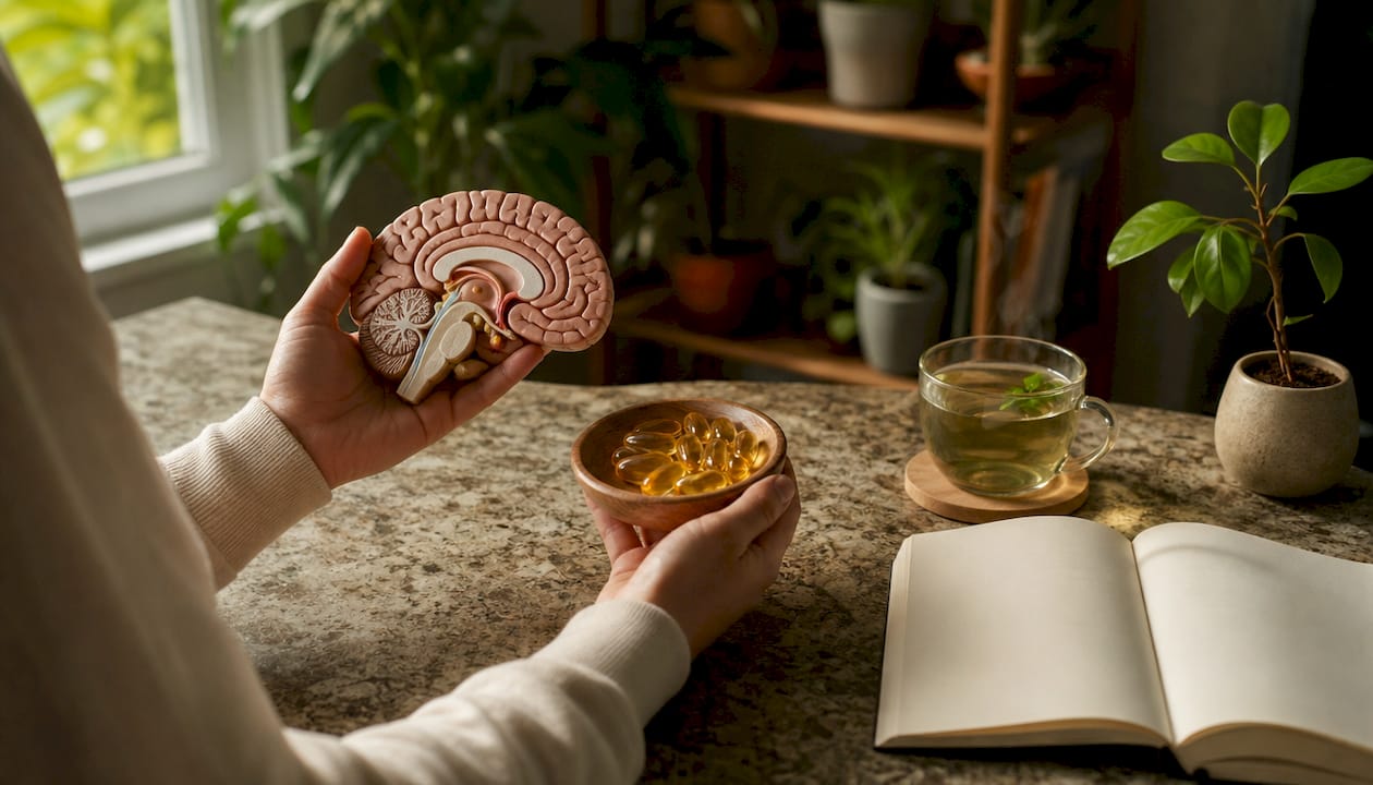 Hands holding brain model with omega-3 supplement