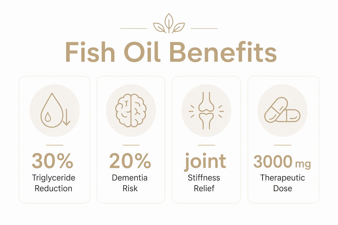 Infographic showing key fish oil benefits with statistics