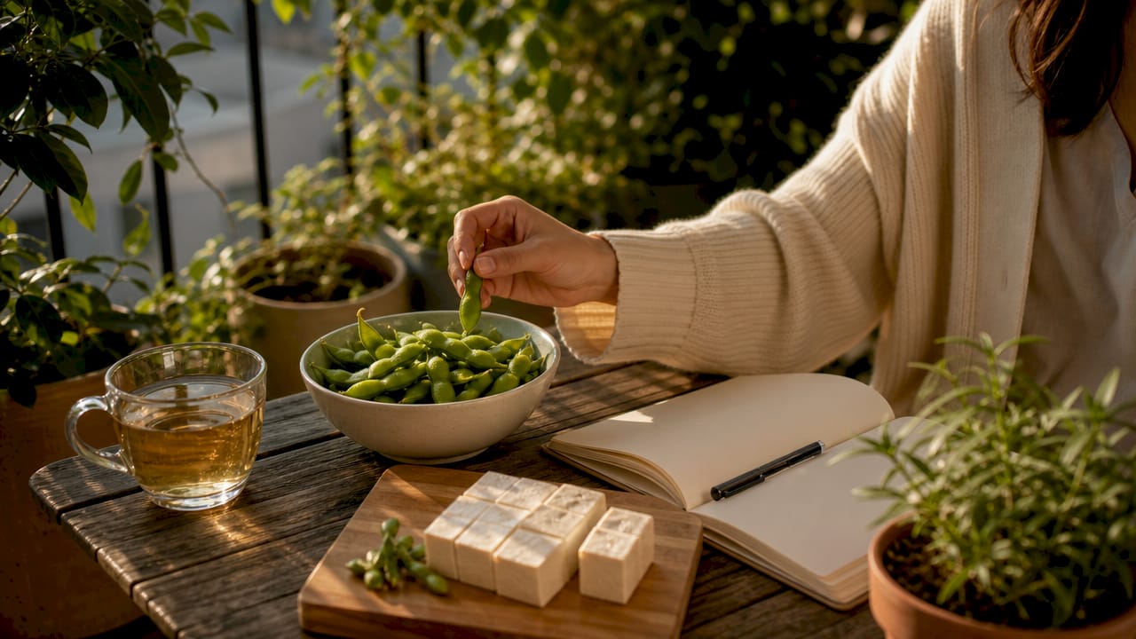 Close-up of tofu and edamame on wooden table