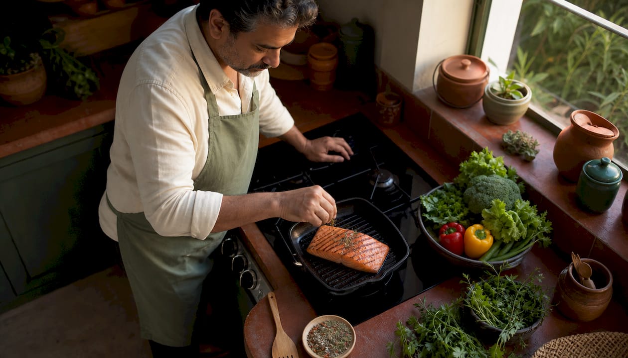 Man prepares fresh fish meal rich in omega-3s