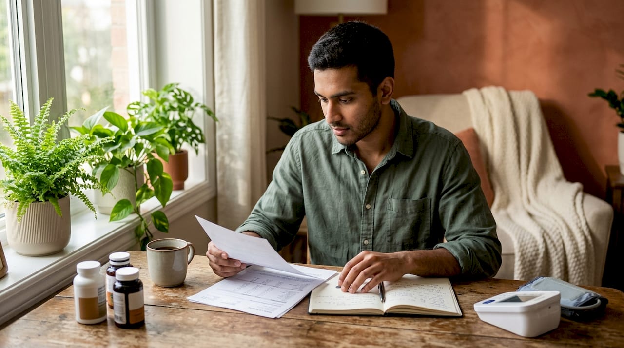 Young man reviewing lab results and supplements at home desk