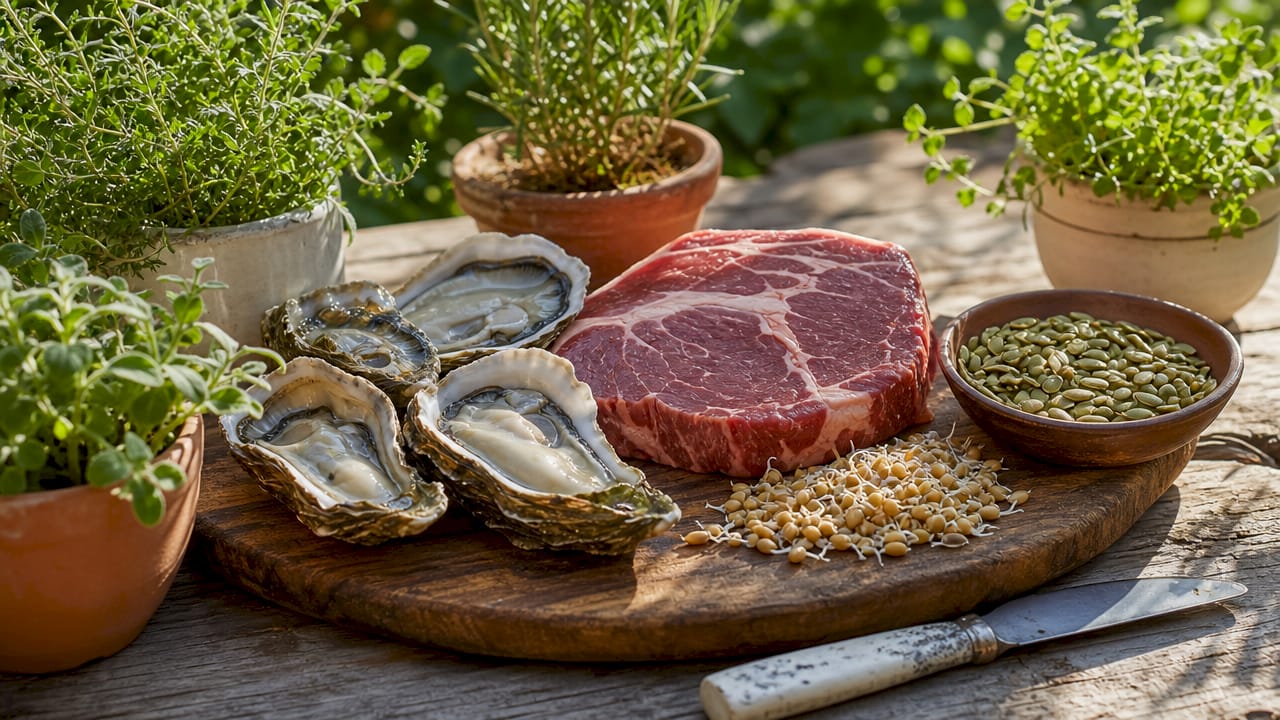 Top view of zinc-rich foods on cutting board