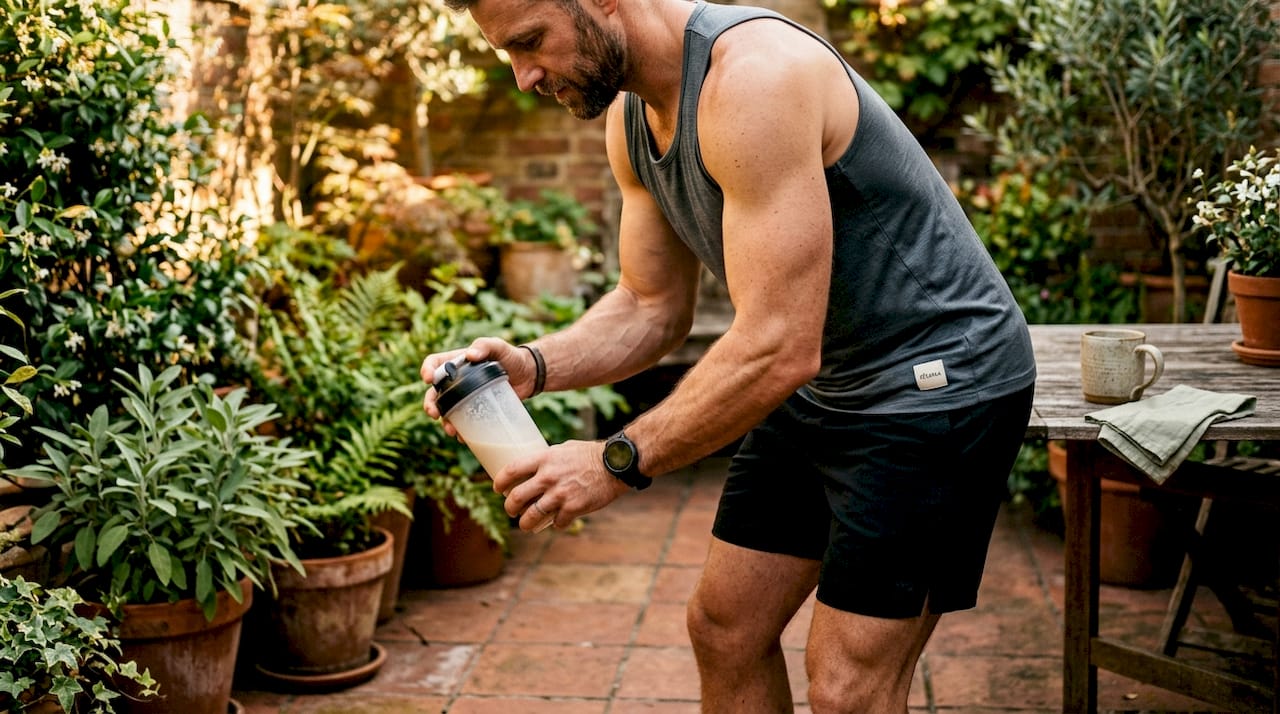 Male trainer holding whey protein shake in gym