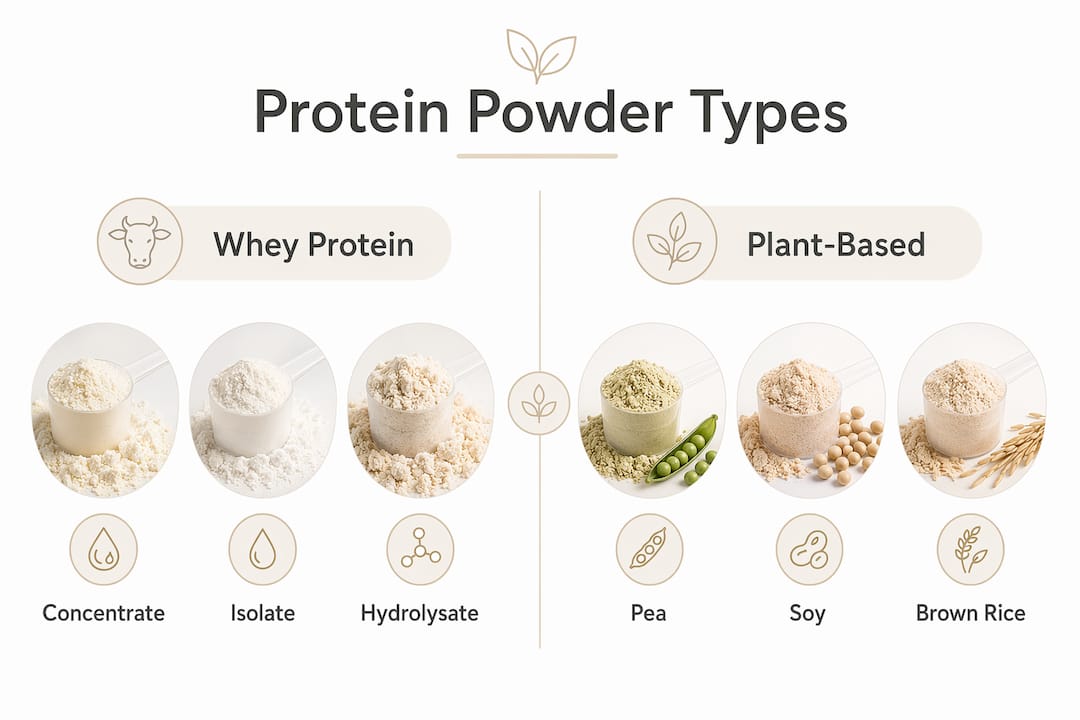 Infographic comparing whey and plant-based protein powders