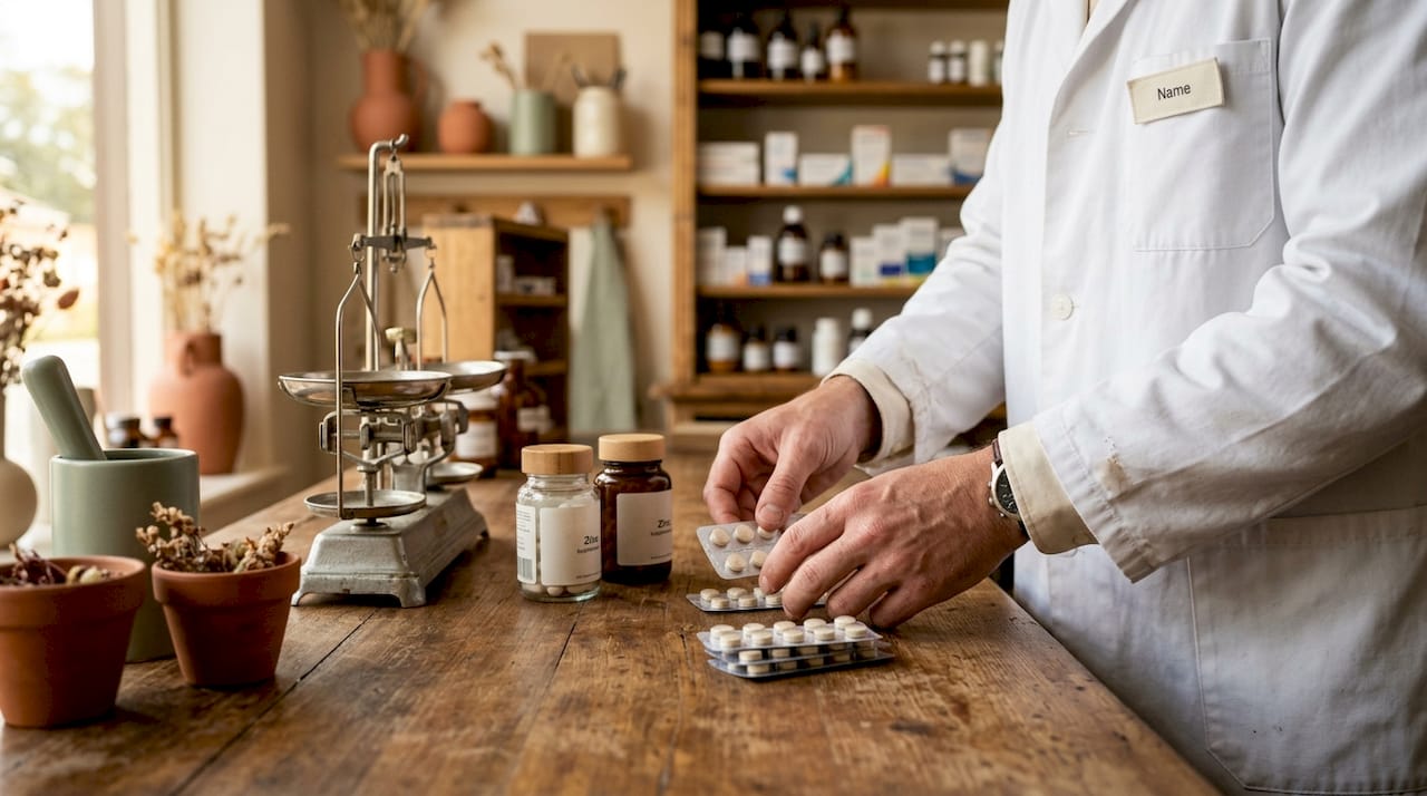 Hands preparing zinc supplements at pharmacy counter