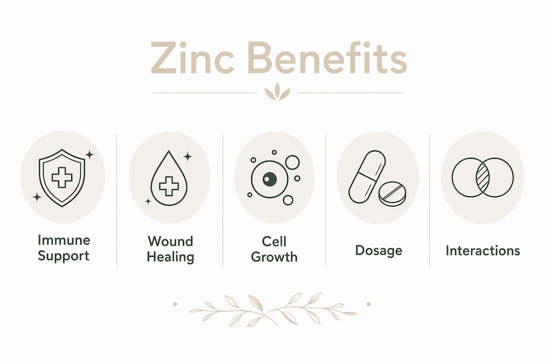 Infographic illustrating key zinc benefits and dosage information