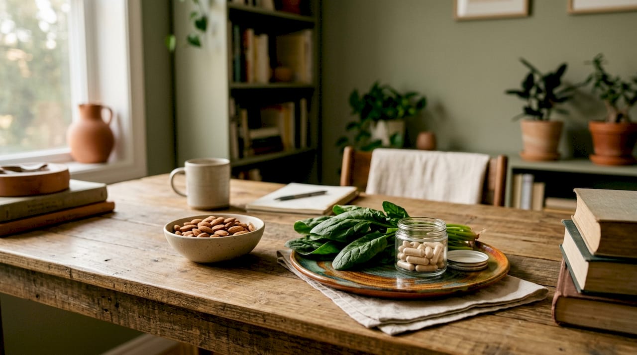Magnesium rich foods and supplements on table