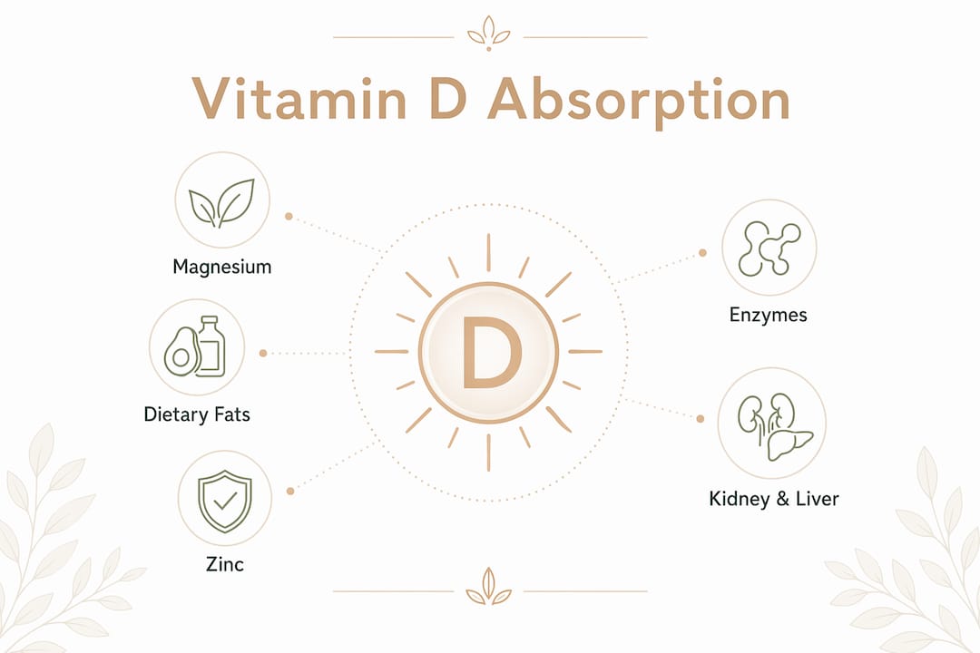Infographic illustrating key supplements aiding vitamin D absorption