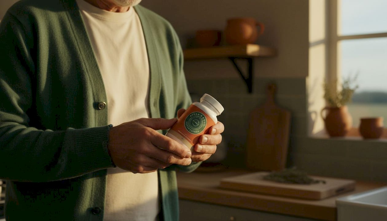 Hands holding certified supplement bottle close-up
