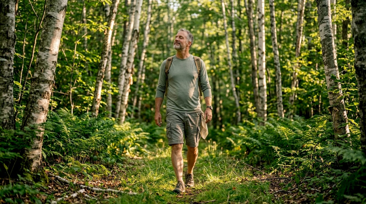 Man walking forest path enjoying nature