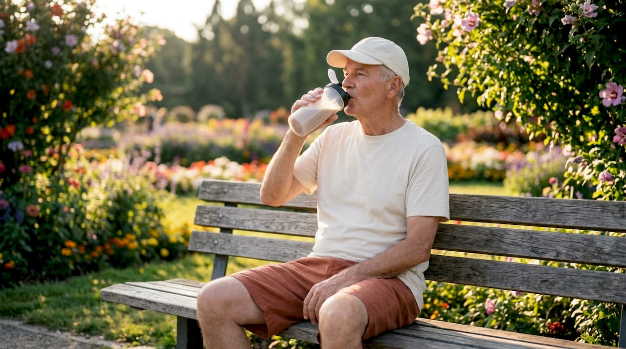 Senior man drinking whey protein shake in park
