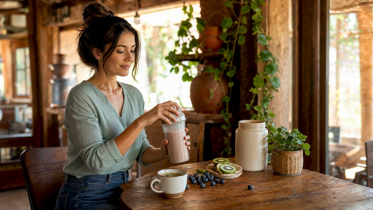 Nutritionist preparing whey protein shake overhead
