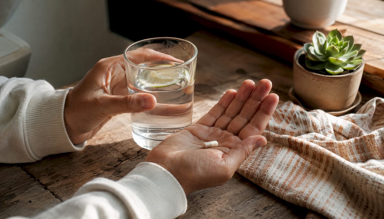 Hands holding magnesium capsule and glass of water