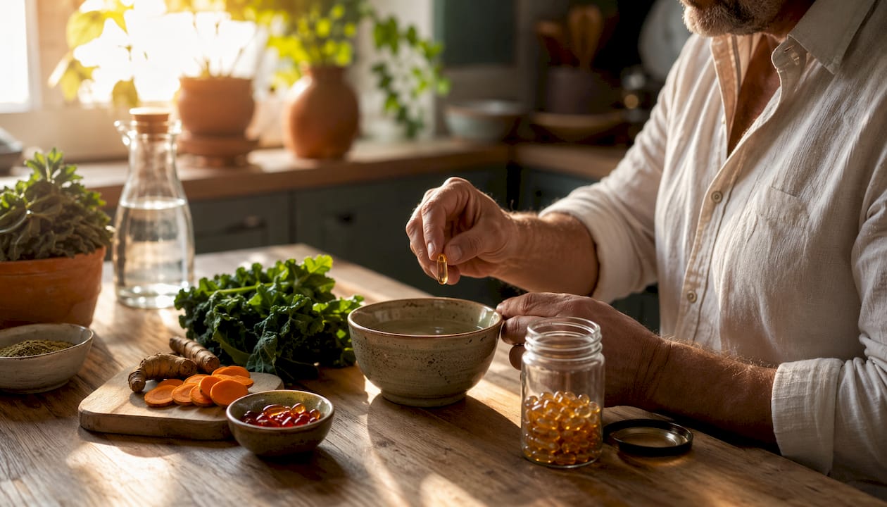 Hands taking krill oil capsule with healthy foods