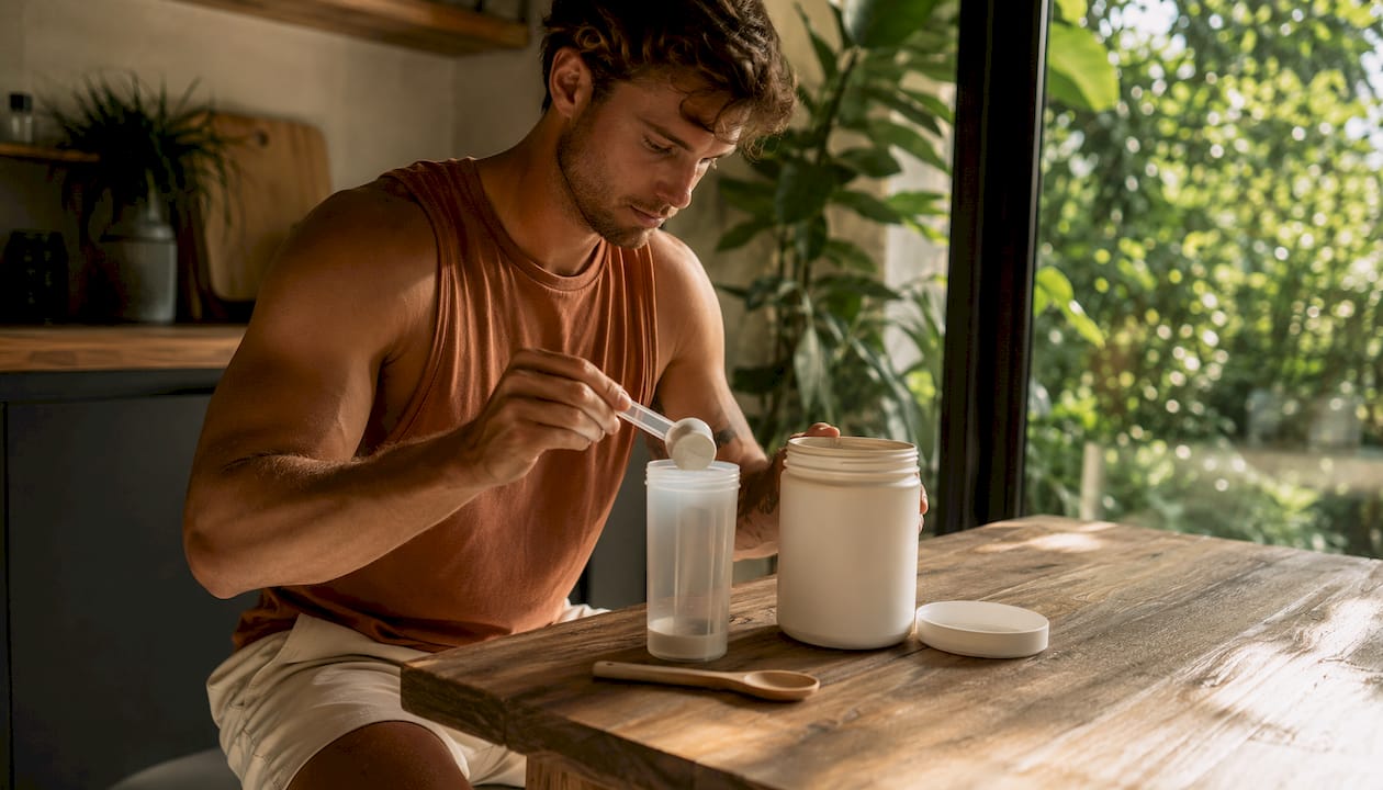Hands preparing amino acid supplement shake