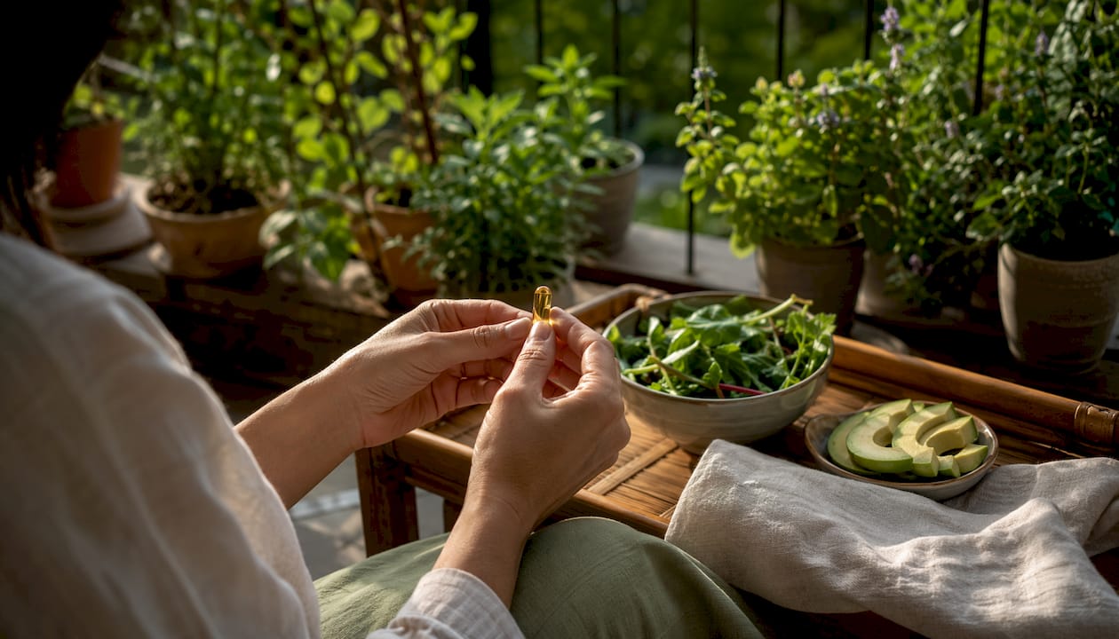 Hands holding omega-3 capsule in home kitchen
