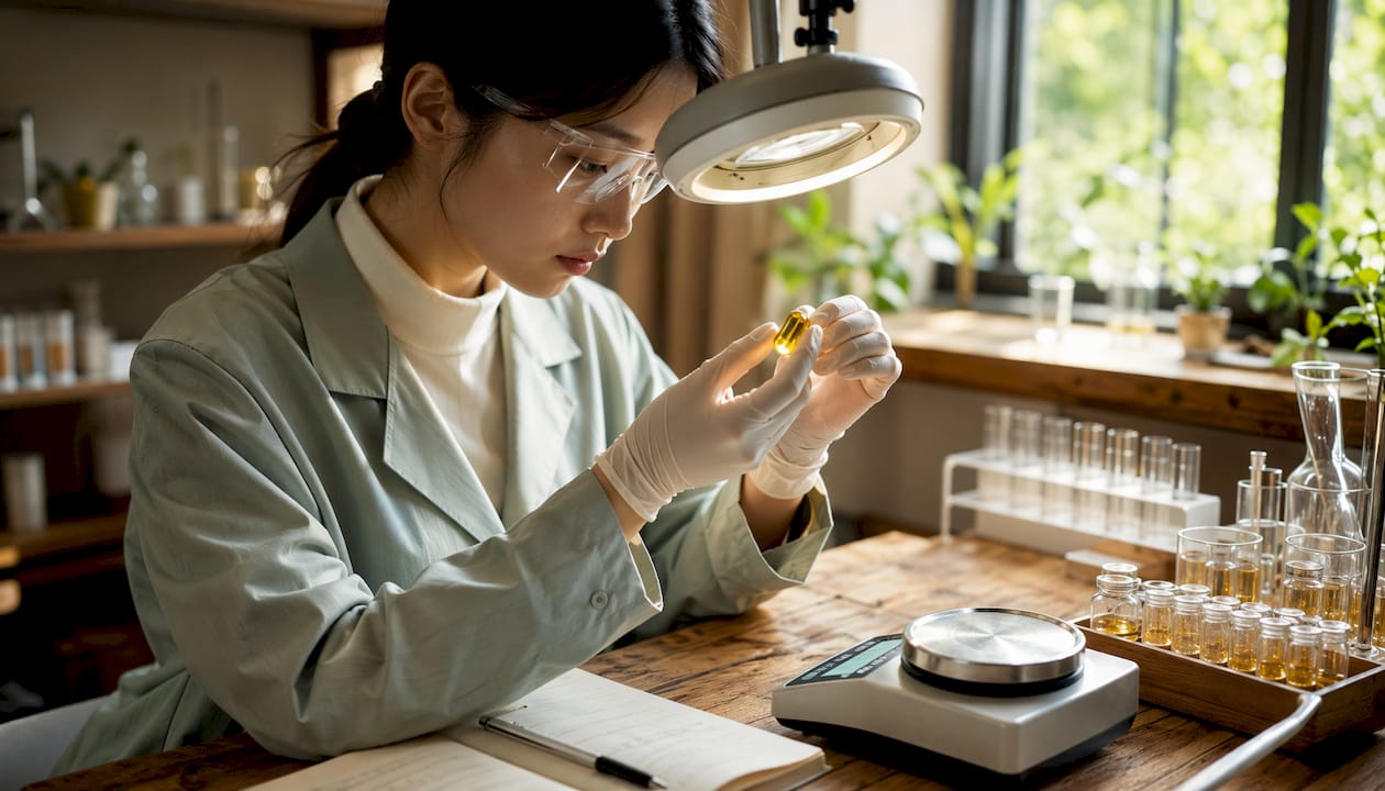 Lab technician inspecting omega-3 supplement quality