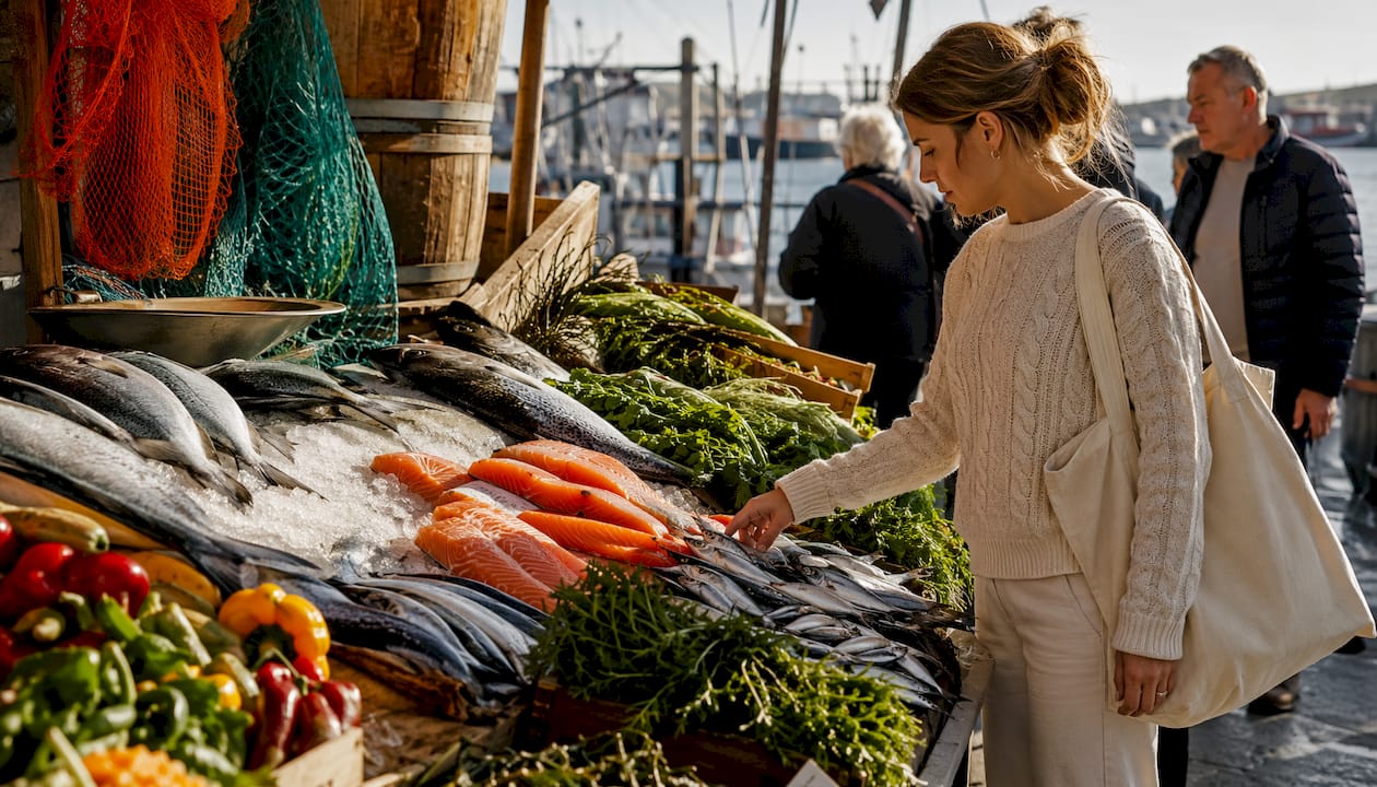 Fresh fatty fish and omega-3 sources at market