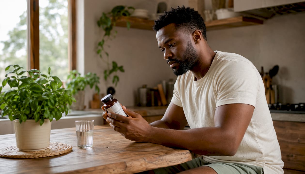Man reading omega-3 supplement dosage label