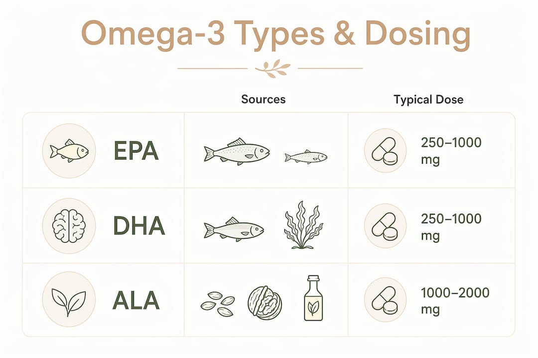 Infographic summarizing omega-3 types and doses