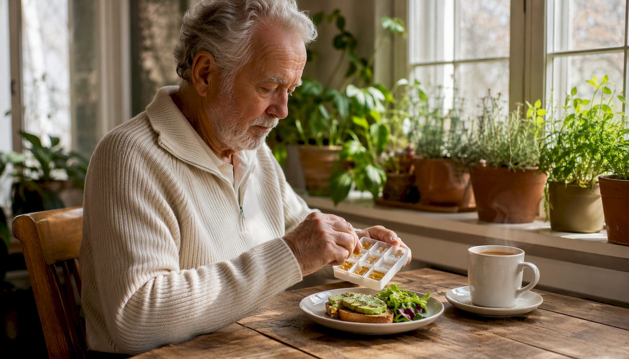 Older man taking omega-3 and caffeine at breakfast