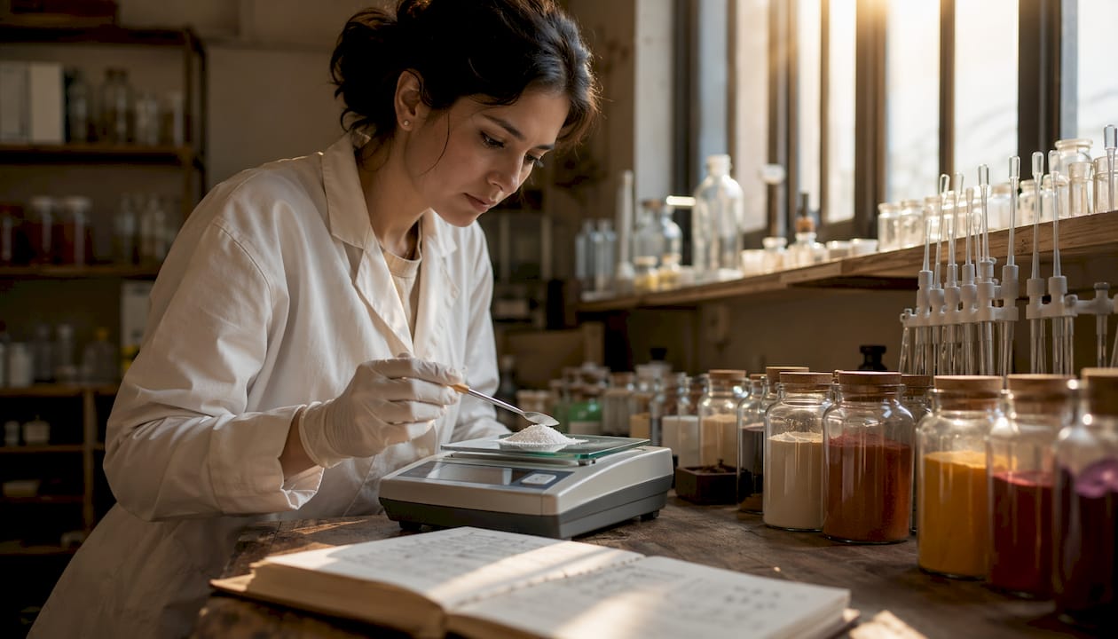 Chemist measuring L-arginine base powder on scale