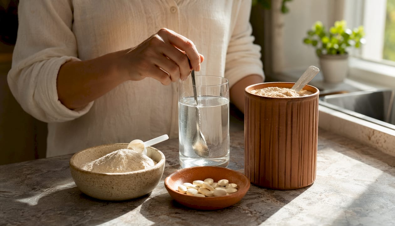 Hydrolyzed collagen supplements with vitamin C in kitchen