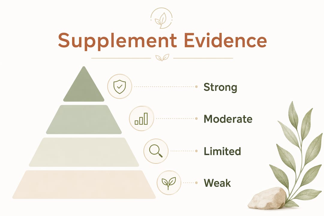 Infographic illustrating evidence levels of tendon supplements
