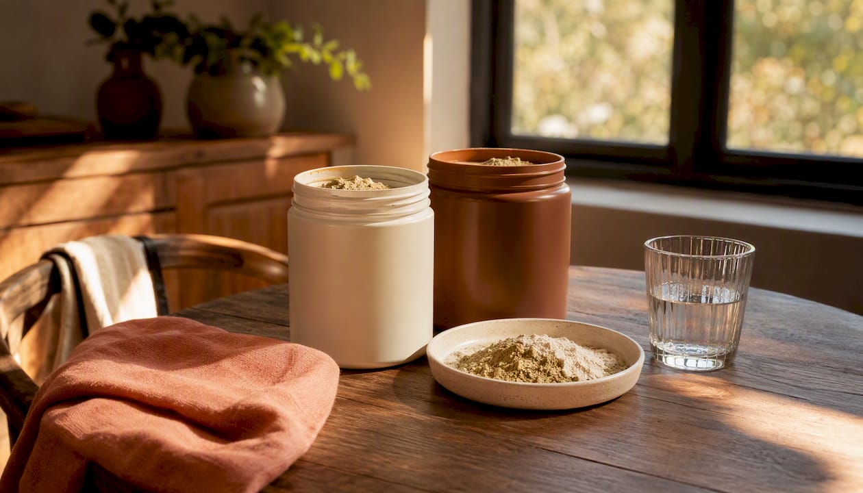 Close-up of pea and rice protein powders with scoop
