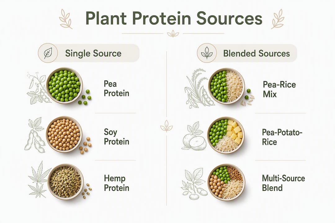 Infographic comparing single source and blended plant protein powders