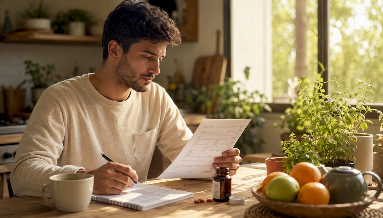 Young man reviewing iron supplement and blood test in clinic