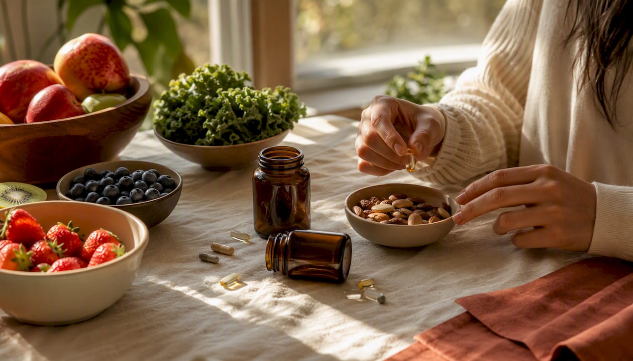 Hands holding vitamin B12 capsule over kitchen counter