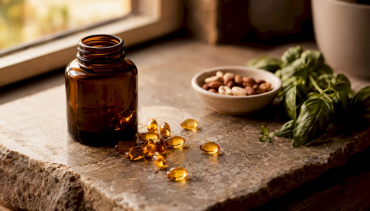 Close-up of fish oil capsules on wooden table