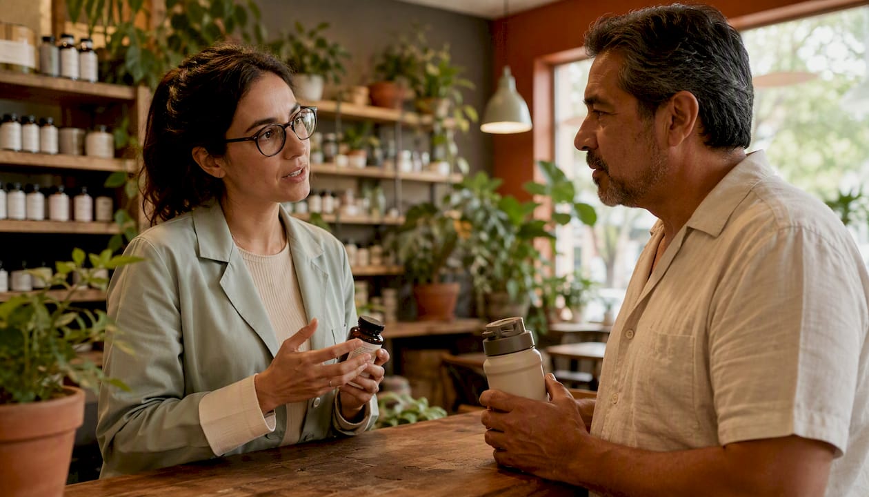 Pharmacist advising patient on zinc side effects