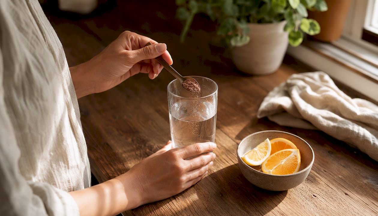 Hands mixing iron supplement powder in water