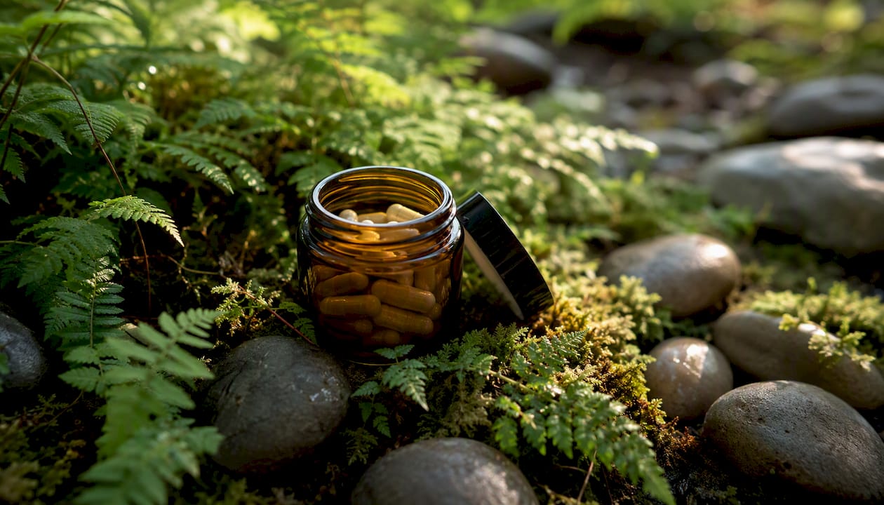 Amber jar of magnesium capsules on moss