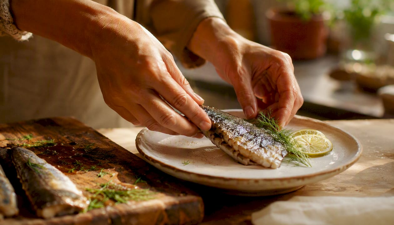 Cooked mackerel fillet on plate with lemon
