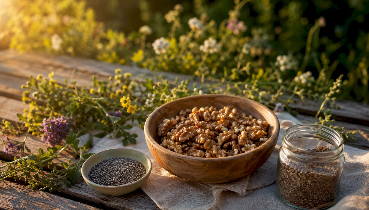 Walnuts, ground flaxseed and chia seeds bowl