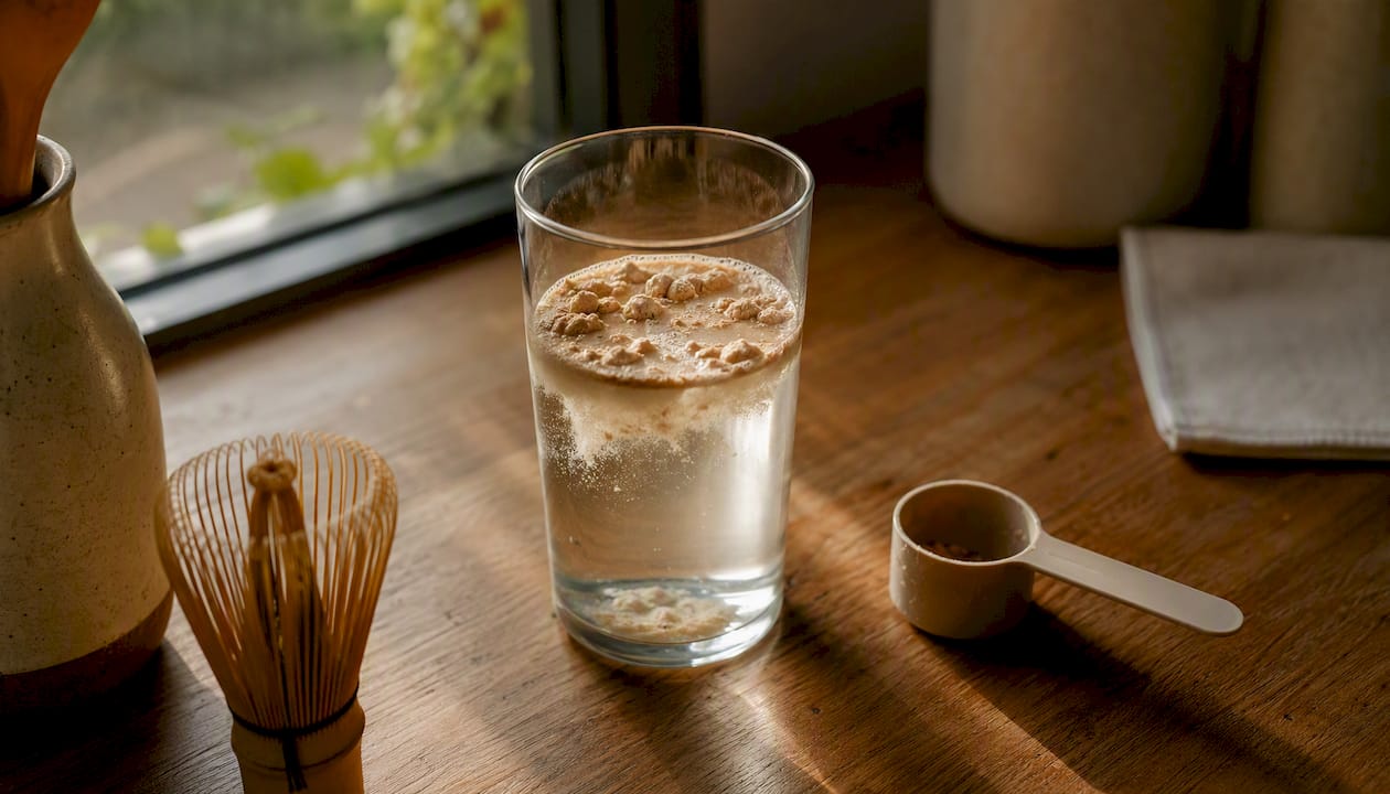 Protein powder dissolving in water glass