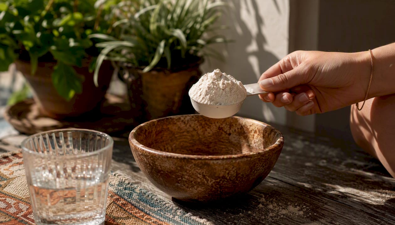 Close-up of hand holding whey protein scoop