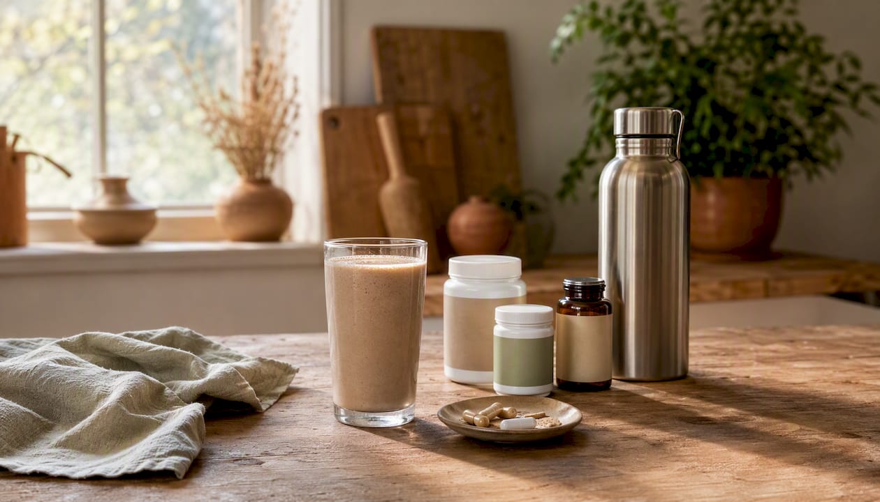 Postworkout protein shake and supplements on table