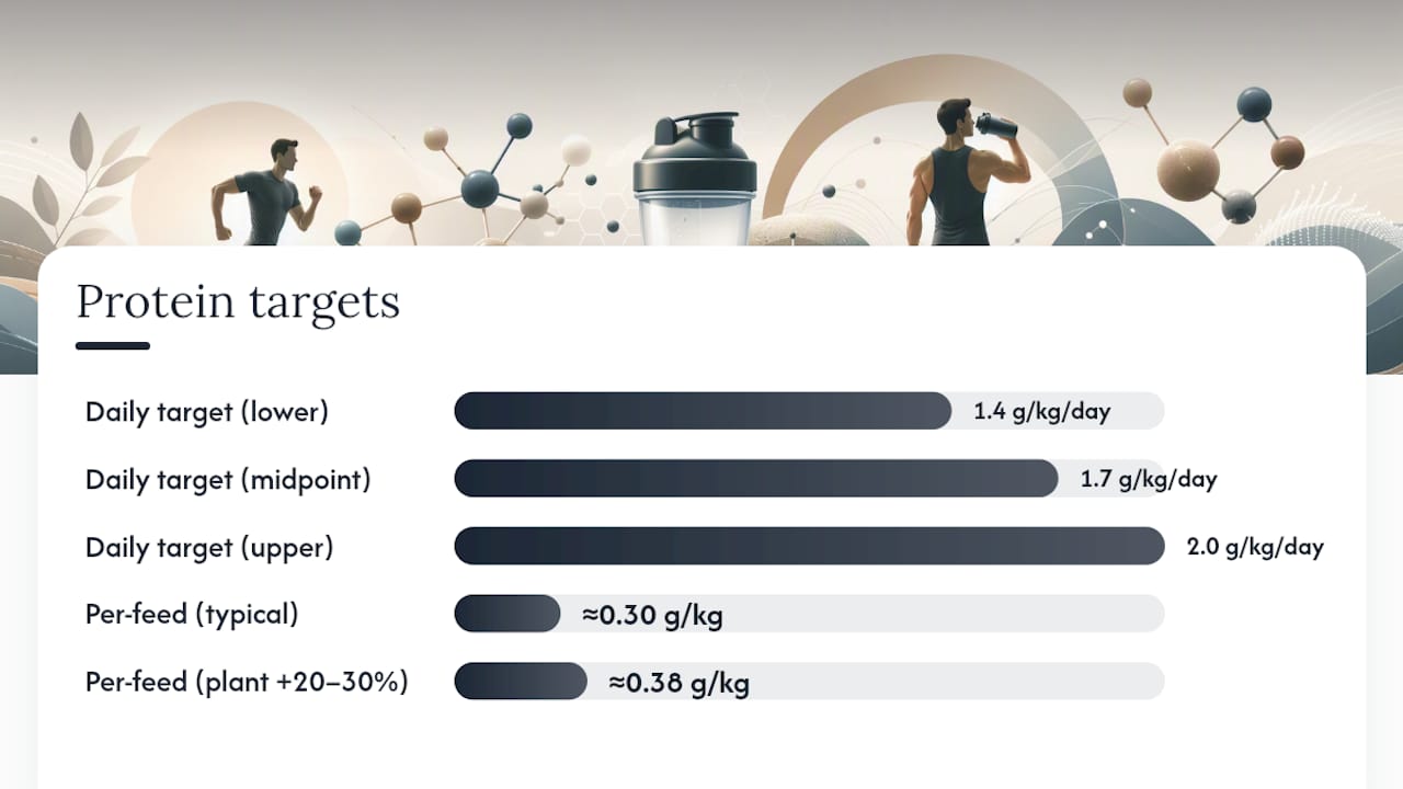 Diagram of protein intake targets, timing, and protein types