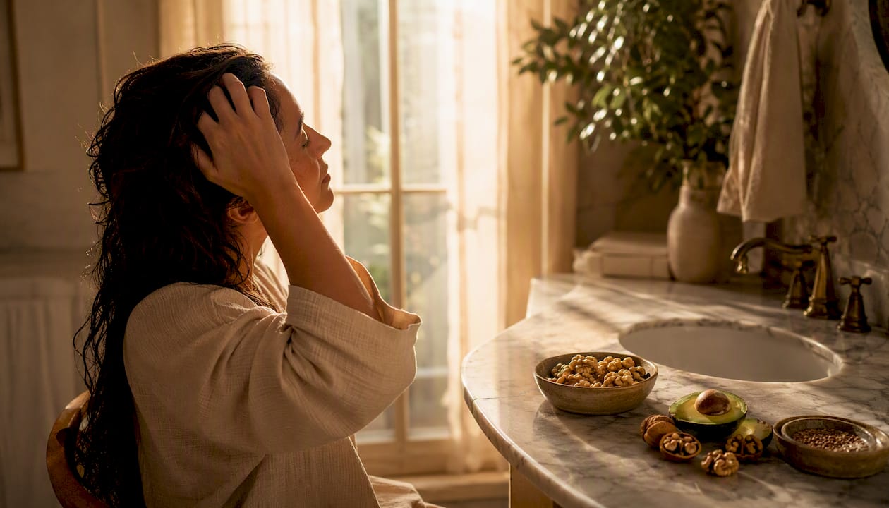 Hand massaging scalp with omega-3 foods nearby
