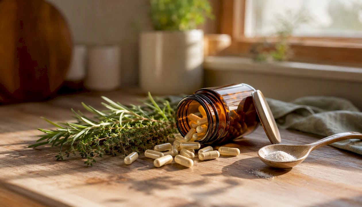 Magnesium glycinate capsules spilling from jar