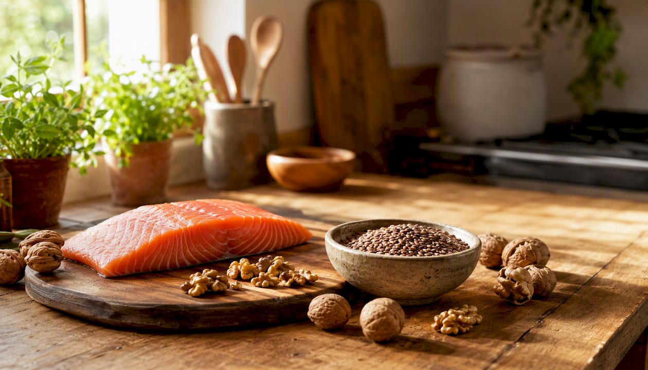 Omega-3 rich foods array on kitchen counter